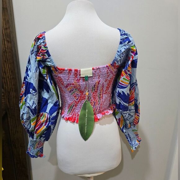 Farm Rio Mixed Birds Puff-Sleeve Smocked Crop Top NWT Size Medium - Picture 5 of 6